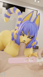 3d_(artwork) 9:16 animal_crossing ankha_(animal_crossing) anthro big_breasts blender_(artwork) blue_hair breasts butt digital_media_(artwork) domestic_cat duo felid feline felis fellatio female female_anthro first_person_view fur genitals hair hi_res human human_on_anthro interspecies male male/female male_human mammal nintendo nude oral penile penis pinkm45k positive_pregnancy_test pregnancy_test sex tail watermark yellow_body