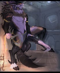 animal_genitalia animal_penis anthro bai_(laobai) balls big_balls big_penis bodily_fluids bottomwear bottomwear_aside canid canine canis caught caught_in_the_act caught_masturbating clenched_teeth clothing clothing_aside demon detailed_background digitigrade dripping duo embarrassed equine_genitalia equine_penis female female_anthro genital_fluids genitals hand_on_penis hi_res hooves horn huge_balls huge_penis hybrid laobai leaking_precum loincloth loincloth_aside long_penis male male_anthro mammal masturbation medial_ring muscular muscular_anthro muscular_male penis precum precum_drip sheath solo_focus teeth thought_bubble wolf