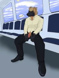 absurd_res anthro bus clothed clothing commercial_vehicle digital_media_(artwork) ellipsis flaccid genitals hi_res humanoid_genitalia humanoid_penis hyena looking_at_viewer male mammal partially_clothed penis penis_poking_out penis_through_fly pinup pose presenting presenting_penis public sitting solo speech_bubble spread_legs spreading syncopation vehicle