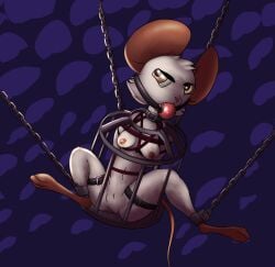 ball_gag bdsm bondage bound breasts cage chain feet female gag genitals hi_res mammal mina_(mina_the_hollower) mina_the_hollower mouse murid murine mystalker nude rat rodent soles suspension toes vulva yacht_club_games