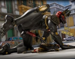 3d_(artwork) all_fours angry animal_genitalia animal_penis anthro anubian_jackal anubis_reaper balls blender_(artwork) blizzard_entertainment bodily_fluids canid canine canis city city_background clothed clothing clothing_around_one_leg dialogue digital_media_(artwork) english_text genital_fluids genitals gun hi_res hiked_leg humiliation jackal male mammal nude outside overwatch partially_clothed peeing peeing_on_ground penis potatotime raised_leg ranged_weapon red_eyes solo text underwear underwear_around_one_leg underwear_down urine urine_on_ground urine_pool urine_stream watermark watersports weapon