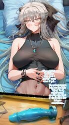 1girl 1girls ai_generated b34sty_0 bed bedroom big_boobies big_boobs big_breasts big_dildo big_tits big_titties black_shirt blue_bed blue_dildo blue_eyes blue_jeans blush boobs bracelet bracelets breasts chain_necklace closed_mouth comic comic_page compression_shirt dildo doujin eyes fate/grand_order fate_(series) girl hair hands_on_stomach indoors jeans large_boobies large_boobs large_breasts large_dildo large_tits large_titties long_hair looking_at_side lying lying_on_bed morgan_le_fay_(fate) necklace patreon ponytail r18 shirt silver_bracelet silver_hair sleeveless sleeveless_shirt tits watermark white_hair woman