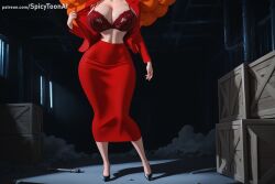 1girl ai_generated black_bra black_footwear bra breasts cleavage hi_res high_quality high_resolution jacket lace lace-trimmed_bra large_breasts long_sleeves night open_clothes patreon red_jacket red_skirt sara_bellum seductive sexy skirt solo spicytoonai uncensored underwear watermark