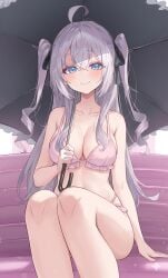 ai_generated alisa_mikhailovna_kujou bikini looking_at_viewer monokini roshidere sitting small_breasts tokidoki_bosotto_russian_de_dereru_tonari_no_alya-san white_hair