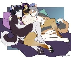 5:4 anthro areola bedding big_breasts black_body black_fur black_hair blanket blue_eyes breasts canid canine canis cheek_tuft chest_tuft colored cuddling digital_media_(artwork) domestic_dog facial_markings facial_tuft female flat_colors foxboy83 fur genitals german_shepherd green_eyes grey_body grey_fur grey_hair group hair hand_on_leg hand_on_shoulder hand_on_thigh happy head_markings herding_dog hi_res highlights_(coloring) husky inner_labia lying mammal markings mask_(marking) medium_breasts nipples nordic_sled_dog nude on_back on_side one_eye_closed oshu_(oshavawhalen) outer_labia pastoral_dog pawpads paws pillow purple_eyes purple_highlights short_hair simple_background spitz spread_legs spreading tail tan_body tan_fur trio tuft vulva white_body white_fur