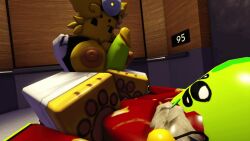 alien alien_humanoid anthro blush blushing boobjob breasts breasts_out clothed doctor drretro_(regretevator) elevator fur furry gnarpy gnarpy_(regretevator) handjob orange_nipples paw_pads pawpads paws regretevator roblox robloxian titjob yellow_skin