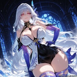 1girl ai_assisted ai_generated bangs bare_shoulders breasts cleavage curvaceous curvy curvy_female curvy_figure dress elbow_gloves female genshin_impact gloves hair_between_eyes hair_ornament hand_on_hip large_breasts long_hair looking_at_viewer miyuai silver_hair skirk_(genshin_impact) sky smile solo thick thick_ass thick_butt thick_hips thick_legs thick_thighs thighhighs thighs torn_clothes torn_legwear very_long_hair voluptuous voluptuous_female wide_hips wide_thighs