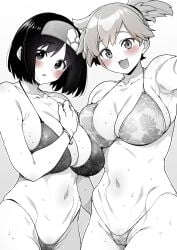 2girls :d armpits asymmetrical_hair bangs bare_shoulders bikini black_hair blush bodily_fluids bracelet breasts cameltoe clavicle cleavage clothing erika_(pokemon) female female_only floral_print gym_leader hairband hand_on_chest hand_on_own_chest headband headwear high_resolution huge_breasts jewelry kasumi_(pokemon) large_breasts light_hair looking_at_viewer multiple_females multiple_girls navel nipples oerba_yun_fang open-mouth_smile open_mouth orange_hair pokemon pokemon_character ponytail pussy shirokuma_(nankyoku) short_hair side_ponytail sirokuma smile standing sweat swimsuit thick_thighs thighs tied_hair wet wide_hips