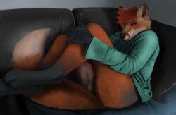 animal_genitalia anthro balls bottomless canid canine clothed clothing curled_up djano erection fetal_pose fox fur furniture genitals hair half-erect hi_res lipsticking long_sleeve_shirt looking_at_viewer male mammal paws penis penis_between_thighs penis_tip sheath shirt smile sofa solo tail topwear zachary_(lord_salt)