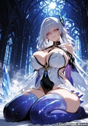 1girl ai_assisted ai_generated bangs bare_shoulders blush breasts cleavage curvaceous curvy curvy_female curvy_figure earrings elbow_gloves eyebrows_visible_through_hair female genshin_impact gloves hair_between_eyes hair_ornament jewelry large_breasts long_hair looking_at_viewer miyuai red_eyes silver_hair sitting skirk_(genshin_impact) smile solo thick thick_ass thick_butt thick_hips thick_legs thick_thighs thighhighs thighs very_long_hair voluptuous voluptuous_female wide_hips wide_thighs