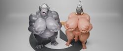 3d_(artwork) absurd_res anthro ape balls belly big_moobs black_body black_fur blizzard_entertainment digital_media_(artwork) duo eyewear fur gas_mask genitals glasses gorilla grey_body hair haplorhine headgear hi_res holding_moob huge_filesize huge_moobs human larger_but_small looking_at_viewer looking_pleasured male mammal mask moobs nipples nude oddo open_mouth overwatch overwatch_logo overweight overweight_male penis primate roadhog_(overwatch) simple_background small_penis standing tattoo white_background white_hair winston_(overwatch)