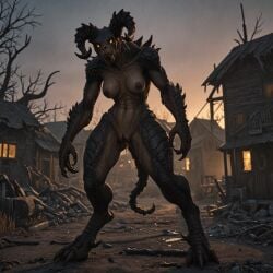 ai_generated anthro athletic_female average_breasts deathclaw fallout female female_anthro female_only glowing_eyes grey_body hard_nipples horns muscular_female nightmare_waifu pussy rataddict scales scalie solo standing