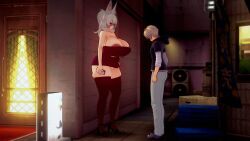 1boy 1girls 3d 3d_(artwork) alley alleyway areola_slip areolae cognitogremlin fox_ears fox_girl heels height_difference huge_breasts kitsune koikatsu latex_dress nijisanji nijisanji_en nina_kosaka prostitution tagme thighhighs tube_dress virtual_youtuber vtuber white_hair
