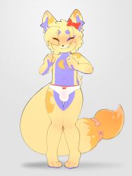 3:4 anthro balls bluchy bluchyccheese blush bodily_fluids bow_ribbon canid canine clothed clothing crossdressing embarrassed eyes_closed femboy fox fur genitals hair hi_res looking_at_viewer male mammal panties simple_background solo tail underwear yellow_body yellow_fur