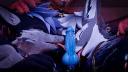 16:9 3d_(artwork) 4k absurd_res animal_genitalia animal_penis ankh anthro armwear balls black_latex blue_body blue_eyes blue_fur blue_penis bodily_fluids brown_body brown_fur canine_genitalia canine_penis clothed clothing cuffs_(clothing) deity digital_media_(artwork) dominant dominant_anthro dominant_male drone dronesuit drooling drooling_tongue egyptian ellerisntactive erection fur genitals glistening glistening_body group hair hi_res isaacjexo jex latex latex_armwear latex_clothing latex_legwear latex_skinsuit legwear licking male male/male multicolored_body multicolored_fur multicolored_hair muscular muscular_male neonkapawn oral penile penis penis_lick red_body red_fur reflection rexouium saliva sex sheath skinsuit submissive submissive_anthro submissive_male tight_clothing tongue trio widescreen worship