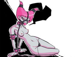 1girls 2016 ball_gag bondage breasts dc_comics female female_only femsub fetishhand gag gagged jinx_(dc) nipples pink_hair small_breasts solo teen_titans