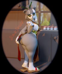 3d_(artwork) absurd_res accessory ame_kaori anthro asian_clothing bear big_breasts big_butt black_lips blizzard_entertainment bracelet breasts butt clothing clothing_pull colored_nails digital_media_(artwork) ear_piercing ear_ring east_asian_clothing eyewear female food footwear fur furgonomics geta giant_panda glasses gold_trim green_eyes green_nails hair hair_accessory hair_sticks hi_res huge_butt japanese_clothing jewelry kitchen lips mammal multicolored_body multicolored_fur multicolored_hair nails pandaren piercing ring ring_(jewelry) ring_piercing siakstuff skimpy_dress smile smiling_at_viewer solo sushi tail tail_accessory tail_jewelry tail_ring teasing teasing_viewer warcraft wearing_glasses