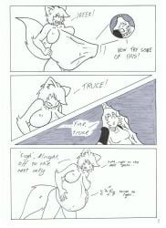 2011 after_vore animal_humanoid belly big_belly breasts canid canid_humanoid canine canine_humanoid comic duo english_text female female_pred female_prey genitals hi_res human humanoid mammal mammal_humanoid ndnode overweight text vore vulva wolf_humanoid wolfette_(character)