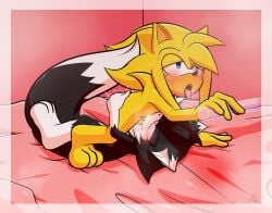 bedroom bigtail blue_eyes blush bodily_fluids canid canine canis cum cum_in_mouth cum_inside duo eulipotyphlan eyes_closed fellatio fur genital_fluids hedgehog hi_res kenthewolf male male/male mammal multicolored_body open_mouth oral penile precum sega sex sonic_the_hedgehog_(series) touching_butt wolf xxkenthewolfxx yellow_body yellow_fur