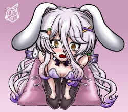 1girls blush blushing bunny_ears bunnysuit clothed clothed_female henya_the_genius inminent_sex looking_at_viewer looking_up party_hat_pyro shocked viewed_from_above vtuber white_hair yellow_eyes
