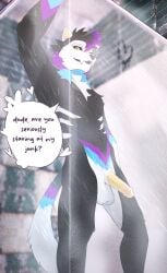 alternative_fashion anthro athletic athletic_anthro athletic_male balls bathing being_watched black_body black_fur blue_body blue_fur bone bros_being_bros casual_nudity caught_staring circumcised cocky detailed_background dialogue domestic_cat ears_up emo english_text fangs felid feline felis flaccid fur fur_markings genitals glans goth hair heart_symbol hi_res humanoid_genitalia humanoid_penis in_shower littlepeewie looking_at_another looking_at_viewer low_hanging_balls male mammal markings messy_hair neck_tuft nipples nude penis purple_body purple_fur raised_arm shower showering skull skull_head slim smile smiling_at_viewer solo standing steam tail talking_to_viewer teeth text tuft twunk vandal_ossyx wet wet_penis yellow_ears yellow_eyes yellow_penis