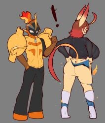 absurd_res anthro armarouge back_boob big_breasts big_butt bottomwear bra bra_through_clothing breasts bulge burning_clothes butt clothing denim denim_bottomwear denim_clothing dibujosv12 digital_media_(artwork) echo_(echovalia) eeveelution elemental_creature elemental_humanoid erection female fire fire_creature fire_humanoid flora_fauna footwear generation_4_pokemon generation_9_pokemon genitals hair hi_res huge_breasts humanoid jacket jeans leafeon long_socks looking_back male mammal nintendo pants plant pokemon pokemon_(species) pokemorph pseudo_hair putting_on_clothes rear_view shirt shocked socks thong topwear underwear vulva wardrobe_malfunction zipper