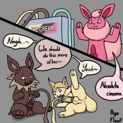 1:1 absolute_cinema anus balls bodily_fluids butt comic cum dessert digital_media_(artwork) eeveelution english_text erection feral flareon food generation_1_pokemon genital_fluids genitals grey_background group hi_res ice_cream ice_cream_creature jolteon machine male milking_machine nintendo penile penis_milking pokemon pokemon_(species) presenting presenting_hindquarters raised_leg ryothefloofeon simple_background sitting smile text trio vaporeon