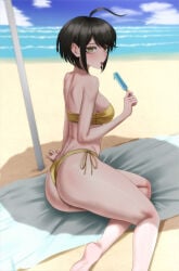 1girl ass beach big_ass blue_popsicle breasts clothing danganronpa female koha_2652 naegi_komaru popsicle short_hair sitting swimsuit thighs voluptuous woman yellow_bikini