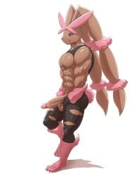 3:4 abs anthro balls barazoku big_penis black_body black_sclera brown_body brown_fur claws colored cotton_tail erection feet fur generation_6_pokemon genitals glans hi_res humanoid_genitalia humanoid_penis looking_aside male mega_evolution mega_lopunny muscular muscular_anthro muscular_arms muscular_male nintendo nude_anthro nude_male pecs penis pink_body pink_eyes pink_fur pokemon pokemon_(species) pseudo_clothing red_arvie shaded shadow shiny_pokemon short_tail side_view simple_background smile solo standing tail toe_claws toes white_background