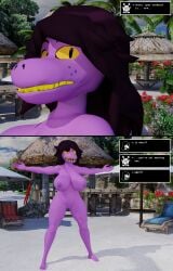 3d_(artwork) absurd_res anthro areola bangs barefoot beach big_breasts breasts cartoon_freckles comic curvy_figure daemont92 deer deltarune dialogue digital_media_(artwork) english_text exhibitionism feet female freckled_face freckles genitals hi_res lizard mammal new_world_deer nipple_dip nipples noelle_holiday nude offscreen_character palm_tree plant plump_labia raised_arm reindeer reptile scalie solo susie_(deltarune) text thick_thighs tree undertale_(series) voluptuous vulva wide_hips