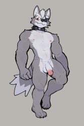 2:3 anthro areola balls biped canid canine canis claws collar colored eye_patch eyewear feet fingers flaccid front_view full-length_portrait fur genitals glans grey_background grey_body grey_fur hi_res humanoid_genitalia humanoid_hands humanoid_penis jrjresq looking_at_viewer looking_down low-angle_view male mammal muscular muscular_anthro muscular_arms muscular_legs muscular_male nintendo nipples nude_anthro nude_male penis portrait red_eyes simple_background smile smirk smug solo spiked_collar spikes standing star_fox toe_claws toes wolf wolf_o'donnell