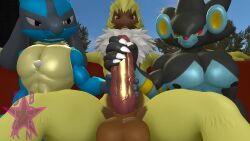 anthro anthrofied balls bandai_namco big_muscles big_pecs blue_body blue_fur bodily_fluids collaborative collaborative_handjob collaborative_sex digimon digimon_(species) erection fur generation_4_pokemon genital_fluids genitals group group_sex handjob hi_res huge_pecs lucario luxray male male/male muscular muscular_anthro muscular_male nintendo nipples pecs penile penis pokemon pokemon_(species) precum sex starborn symbareangoramon threesome trio yellow_body yellow_fur