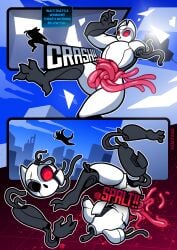 2026 absurd_res anthro avian bird black_body comic dismemberment english_text featureless_crotch gore guts hi_res jumping machine male missing_arm multicolored_body organs owl red_sclera rem_phase robot solo speech_bubble text two_tone_body white_body