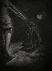 2026 absurd_res ambiguous_gender anthro asking asking_another black_body black_fur blood bodily_fluids canid canine casualties:_unknown chalk_(artwork) charcoal_(artwork) disability dismemberment duo expie_(gunsawian) faceless_character fatal_wound fur gore graphite_(artwork) greyscale gun gunsawian heart_(marking) hi_res holding_gun holding_object holding_ranged_weapon holding_weapon hybrid imminent_death immobile mammal markings missing_all_legs missing_arm missing_leg monochrome murid pointing_gun pointing_gun_at_another question_mark ranged_weapon rodent scratches shotgun simple_background tangerinefox traditional_media_(artwork) weapon