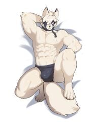 abs absurd_res anthro ball_bulge black_briefs black_clothing black_underwear bodily_fluids briefs bulge canid canine canis clothed clothing colored detailed_bulge feet front_view frown full-length_portrait fur halter hand_behind_head hi_res jrjresq looking_at_viewer lying male mammal mihoyo muscular muscular_anthro muscular_arms muscular_legs muscular_male on_back pecs portrait pose red_eyes shaded simple_background solo sweat sweaty_body thiren toes topless topless_anthro topless_male underwear von_lycaon white_background white_body white_fur wolf zenless_zone_zero
