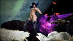 1girls aged_up blue_hair boobs breasts final_fantasy_xiv gpose_(ffxiv) harpy meteion nipples nude outdoors pose short_hair space
