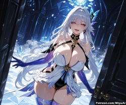 1girl :d ai_assisted ai_generated bangs bare_shoulders black_gloves blush breasts butterfly_hair_ornament cleavage curvaceous curvy curvy_female curvy_figure dark_persona earrings elbow_gloves eyebrows_visible_through_hair female genshin_impact gloves hair_between_eyes hair_ornament jewelry large_breasts leotard long_hair looking_at_viewer miyuai open_mouth red_eyes sidelocks silver_hair skirk_(genshin_impact) smile solo symbol-shaped_pupils thick thick_ass thick_butt thick_hips thick_legs thick_thighs thighhighs thighs very_long_hair voluptuous voluptuous_female wide_hips wide_thighs