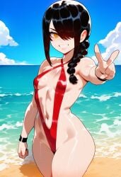 aged_up ai_generated ass ass_focus beach bikini black_hair chainsaw_man curvy_figure flat_chest huge_ass nayuta_(chainsaw_man) ponytail public shortstack sling_bikini slingshot_swimsuit small_breasts smaller_female smile smiling_at_viewer white_skin