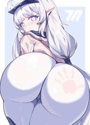1girl absurdres ass bent_over blue_archive blush bodysuit brown_jacket closed_mouth commentary_request from_behind hair_tubes head-mounted_display highres himari_(armed)_(blue_archive) himari_(blue_archive) jacket long_hair looking_at_viewer looking_back piao_mao pointy_ears purple_eyes slap_mark solo spanked tearing_up white_bodysuit white_hair