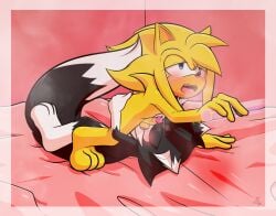 ball_lick balls bedroom bigtail blue_eyes blush bodily_fluids canid canine canis duo eulipotyphlan eyes_closed fan_character fur genital_fluids genitals hedgehog hi_res kenthewolf licking male male/male mammal multicolored_body open_mouth oral precum sega sex sonic_the_hedgehog_(series) tongue touching_butt wolf xxkenthewolfxx yellow_body yellow_fur