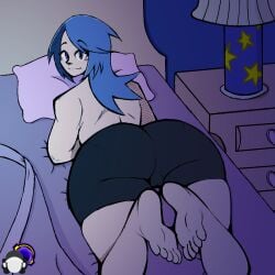 1girls alternate_version_at_source aqua_(kingdom_hearts) ass back_view big_ass blue_eyes blue_hair cameltoe color_edit colored colored_sketch dark_room disney feet female kingdom_hearts laying_down laying_on_bed looking_at_viewer lurking_judgement night shirtless sketchydrawin smile smiling square_enix thick_thighs tight_pants wide_hips