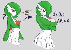 anger_vein arms_crossed arms_crossed_under_breasts breast_expansion breast_growth breast_squeeze gameplay_mechanics gardevoir green_hair irritated large_breasts nintendo pokemon pout pouting question_mark red_eyes