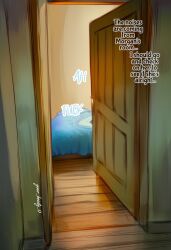 ai_generated b34sty_0 bed bedroom blue_bed comic comic_page door doujin indoors open_door patreon r18 watermark
