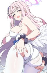 1girls ass blue_archive blush bunnysuit female female_only halo looking_at_viewer mika_(blue_archive) nipehi pink_hair trinity_general_school_student wings yellow_eyes