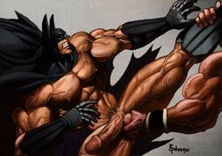 2boys abs artist_name ball_grab bane batman batman:_arkham_asylum batman_(bruce_wayne) batman_(series) biceps big_penis bodybuilder boots bruce_wayne cape circumcised clenched_teeth cowl dc dc_comics ephorox erect_nipples erection gay gloves holding_leg kicking large_penis male male_only mostly_nude muscles nude pecs penis serratus_anterior spread_legs squeezing_testicles veiny_muscles veiny_penis veiny_testicles yaoi