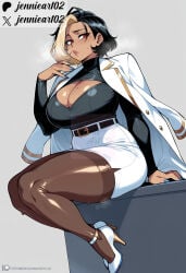 1girl ai_generated artist_name belt black_belt black_hair black_pantyhose black_shirt blonde_hair blue_nails blush breasts brown_pantyhose cleavage cleavage_cutout clothing clothing_cutout coat coat_on_shoulders curvy dark-skinned_female dark_skin domina female footwear full_body grey_background heavy_breathing high-waist_skirt high_heels huge_breasts jacket jacket_on_shoulders jennieart02 large_breasts lips long_sleeves looking_at_viewer mature_female miniskirt mole mole_on_breast mole_under_eye multicolored_hair nail_polish office_lady pantyhose patreon patreon_logo patreon_username pencil_skirt red_eyes shirt_tucked_in shoes short_hair simple_background sitting skirt solo strappy_heels streaked_hair sweat thick_thighs thighs turtleneck twitter twitter_username two-tone_hair watermark white_coat white_footwear white_jacket white_skirt