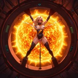 1girls ai_assisted ai_generated arms_up blonde_hair blue_eyes bondage bound_ankles bound_wrists breasts_out carol_danvers dildo dildo_insertion elbow_gloves electricity electrostimulation hi_res large_breasts leotard marvel ms._marvel ms._marvel_(carol_danvers) nipple_clamps nipples powerplant pussy restrained runny_makeup self_upload spread_eagle spread_legs stable_diffusion star sun tacocatbox thighhighs torn_clothes wire