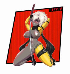 1girls big_breasts blaxvel breasts dark-skinned_female dark_skin female female_only goxth nipples no_more_heroes pussy shinobu_jacobs solo sword white_hair