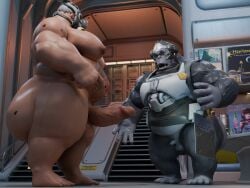 3d_(artwork) 4:3 anthro ape armor balls big_butt big_penis black_body black_fur blizzard_entertainment butt clothed clothing detailed_background digital_media_(artwork) dropping_object duo english_text erection eyewear fur gas_mask genitals gesture glans glasses gorilla grey_body hand_gesture haplorhine headgear hi_res huge_butt huge_filesize human humiliation larger_but_small looking_down male mammal mask moobs nude oddo overwatch overweight overweight_male partially_clothed penis penis_humiliation pointing pointing_at_penis primate roadhog_(overwatch) shocked small_penis small_penis_humiliation standing tablet tattoo text vein veiny_penis winston_(overwatch)