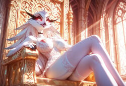 ai_generated avian avian_humanoid demon female female_only garter_belt garter_straps hellaverse helluva_boss lingerie milf nipples royal solo_focus stella_(helluva_boss) thigh_highs thighhighs vivienne_medrano vivziepop